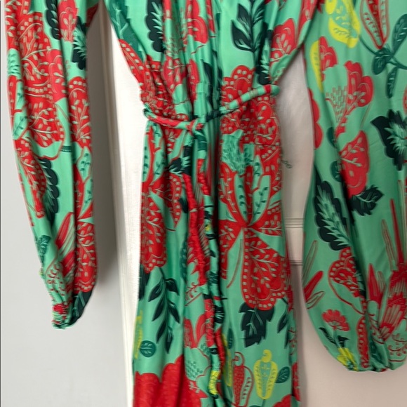 Anthropologie Red and Green Ruffled Sundress with Bishop Sleeves - Picture 5 of 7